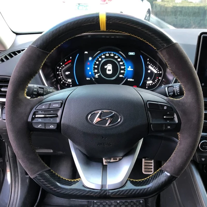 For Hyundai Ioniq 2017-2019 Elantra 4 2016-2019 Hand Stitched non-slip Yellow mark carbon fibre suede Car Steering Wheel Cover