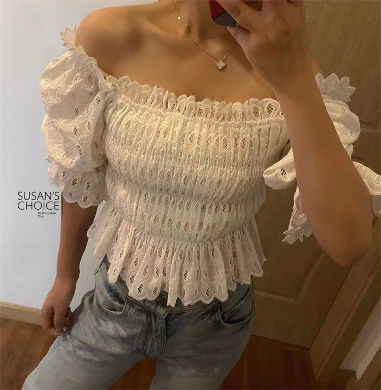 Susan Faionable Casual Lente Zomer ort Sve Gevouwen oulder Houten Wit Geplooide ort Top Dames Busin Casu...