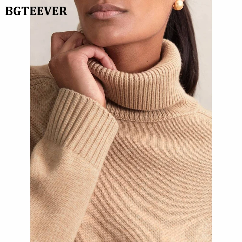 BGTEEVER Autumn Women's Knitted Sweater Oversize High Collar Grey Vintage Pullover Soft Winter Warm Vintage Sweaters for Women