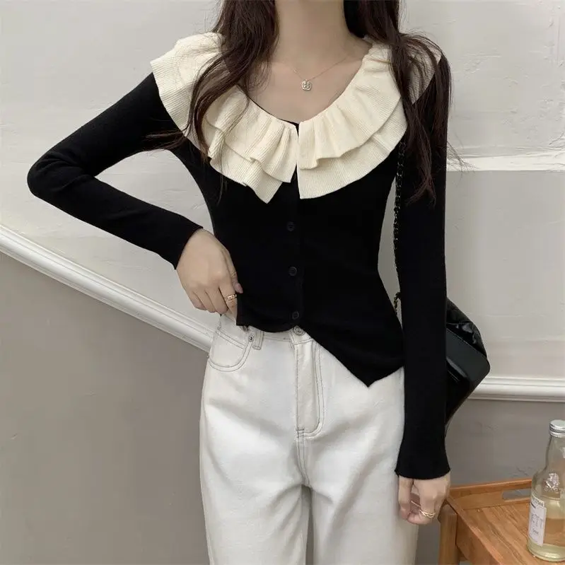 Elegant French Style Ruffles Spliced Sweaters Autumn Winter Slim Casual V-Neck Women\'s Clothing Long Sleeve Knitted Cardigan New