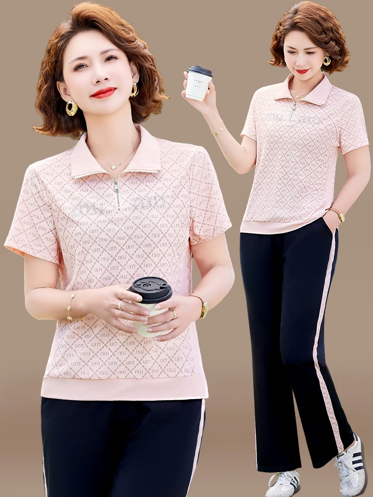 

Casual Running Sportswear Set for Older Women Summer ort Sve T-irt Two-Piece Suit Faionable Loose Fit Polyester Blend