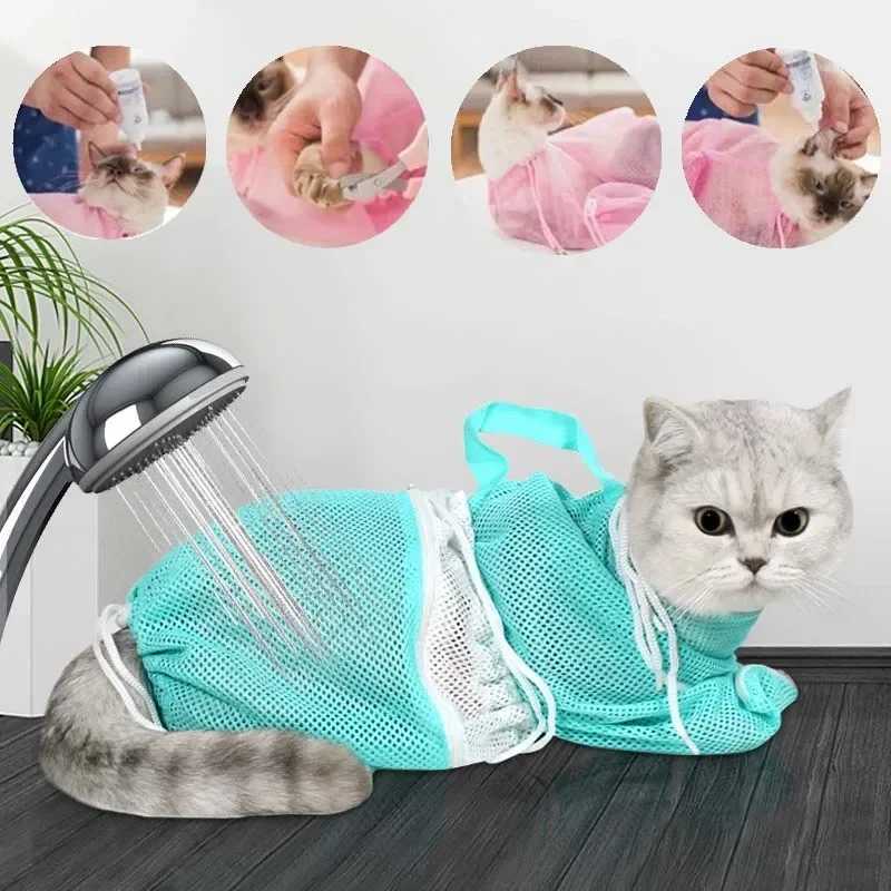 New Mesh Cat Bath Bag Polyester Mesh Bag Bath Cat Adjustable Pet Nail Cutting Accessories Cat Cleaning Shower supplies