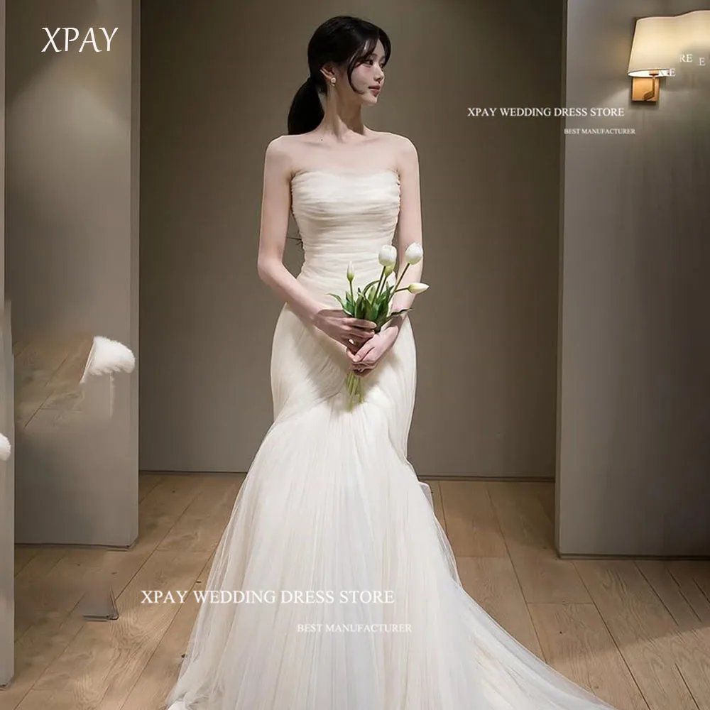 

XPAY Mermaid Princess Strapless Tulle Pleat Off The Shoulder Korea Wedding Dresses Bridal Gowns 웨딩드레스 Corset Back Customized
