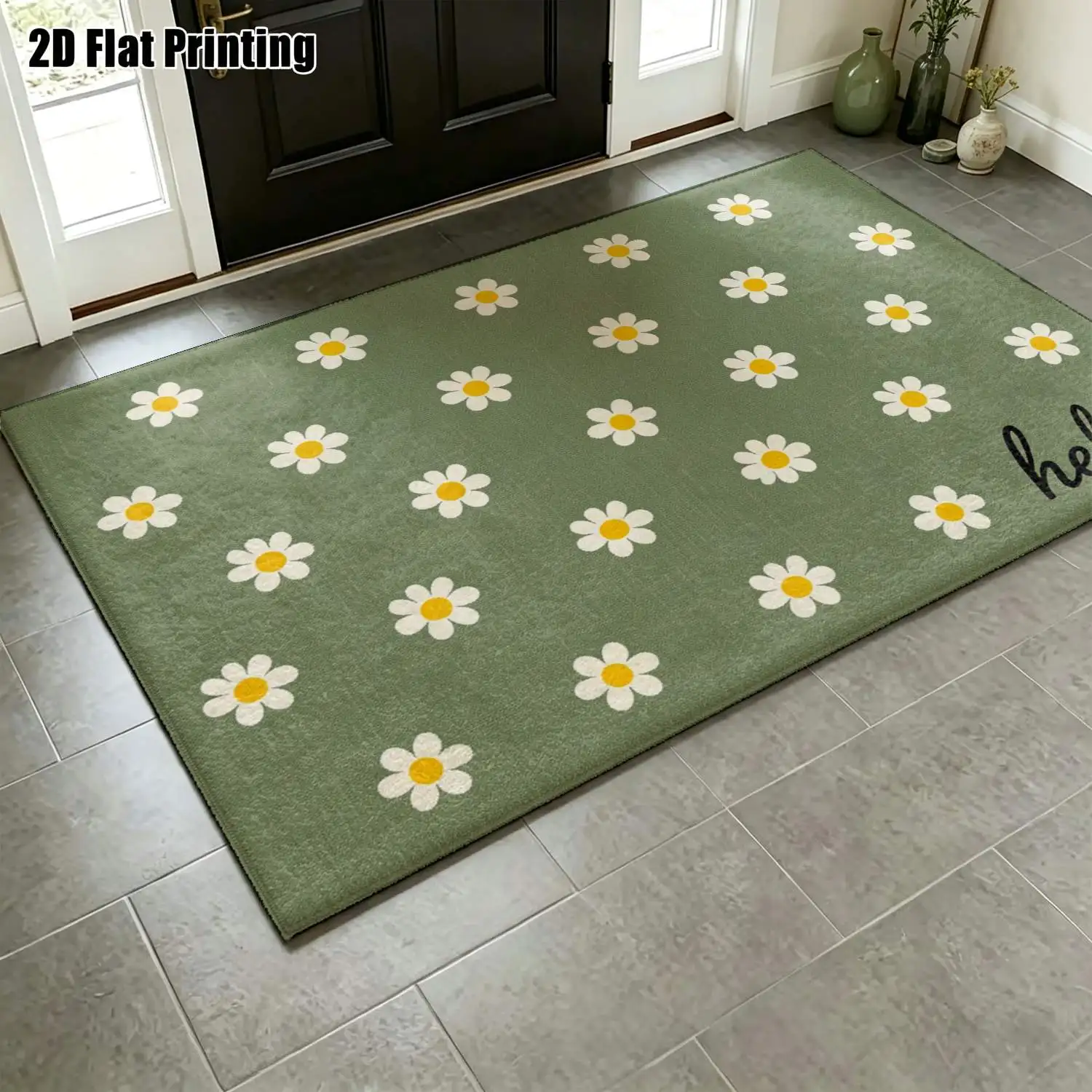 1Pc 2D Printed Dark Green Daisy Pattern Carpet: Instagram-Style Minimalist Floor Mat for Home Decor, Multi-Size, Machine Washable, Versatile for Entrance, Dining, Bedroom Etc