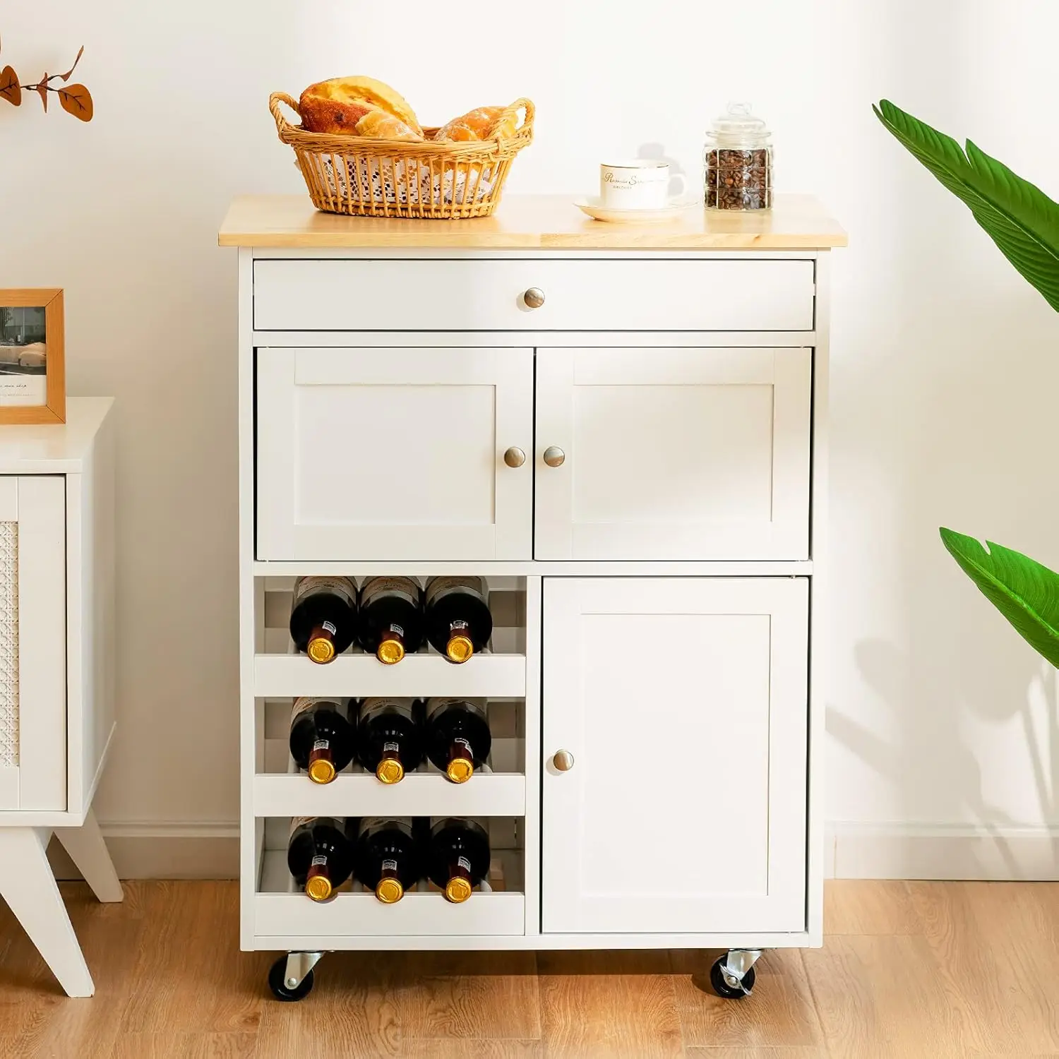 Kitchen Island Cart, Rolling Kitchen Trolley Cart, Wood Storage Cabinet with Large Drawer, 9 Wine Bottles Rack, Modern R