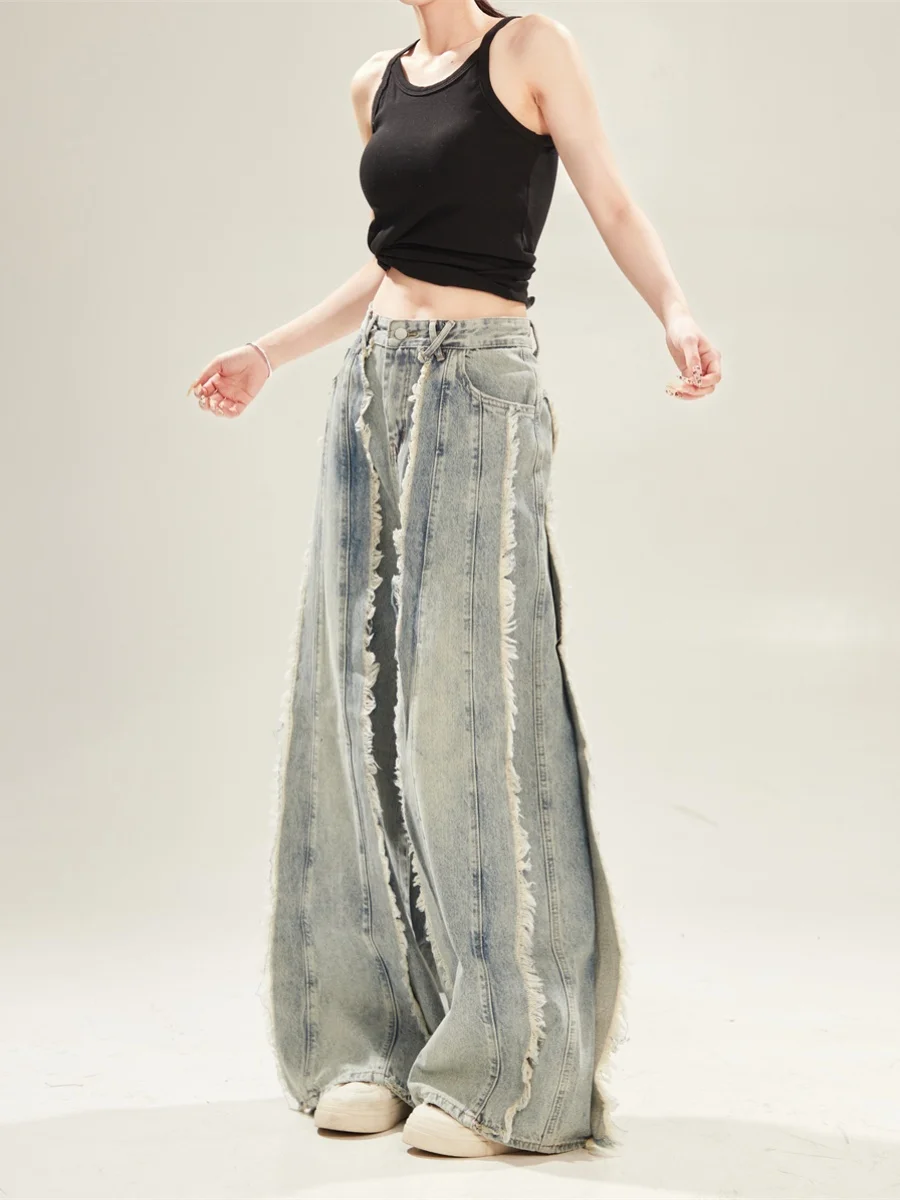 

Широкие джинсы длиной до пола, свободный крой, прямые джинсовые джинсы, женские синие джинсы в американском стиле High Street, модный рваный дизайн