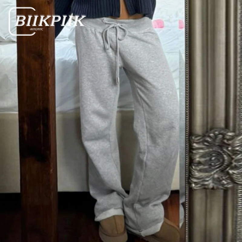 

BIIKPIIK Drawstring Burr Women Casual Pants Simple All-match Solid Straight Trousers Autumn Winter Slacks Streetwear Sweatpants