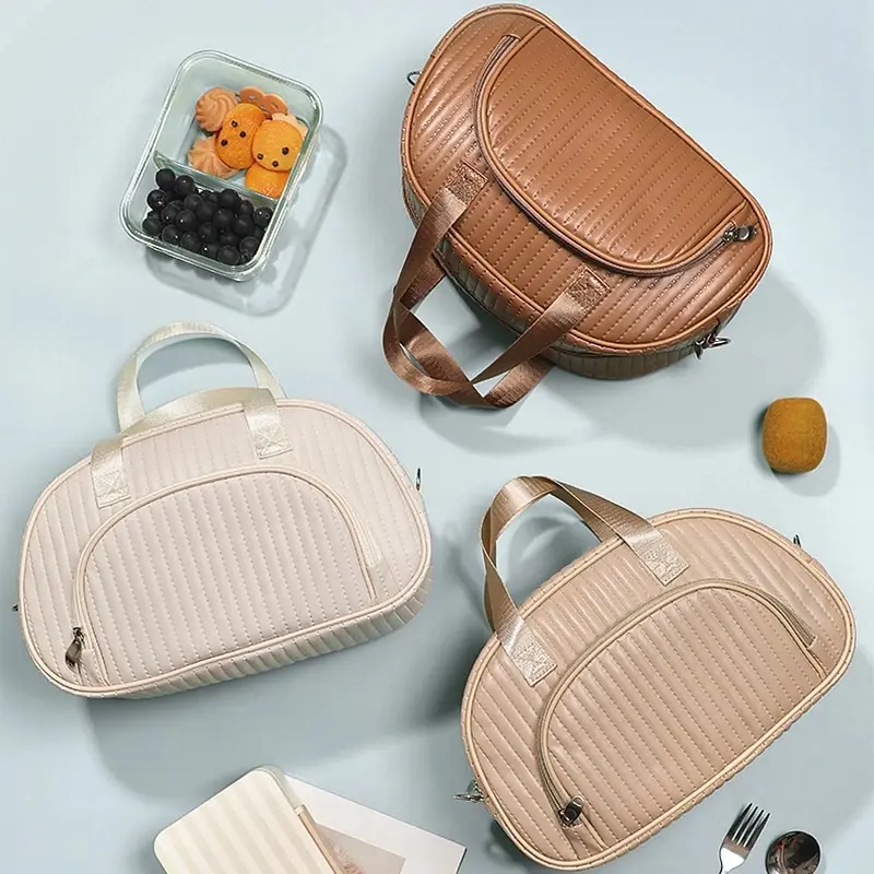 Lunch Bag for Women, Double Deck Lunch Box for Adults, PU Leather Lunch Tote Bag Insulated Lunch Bags for Work Office Picnic