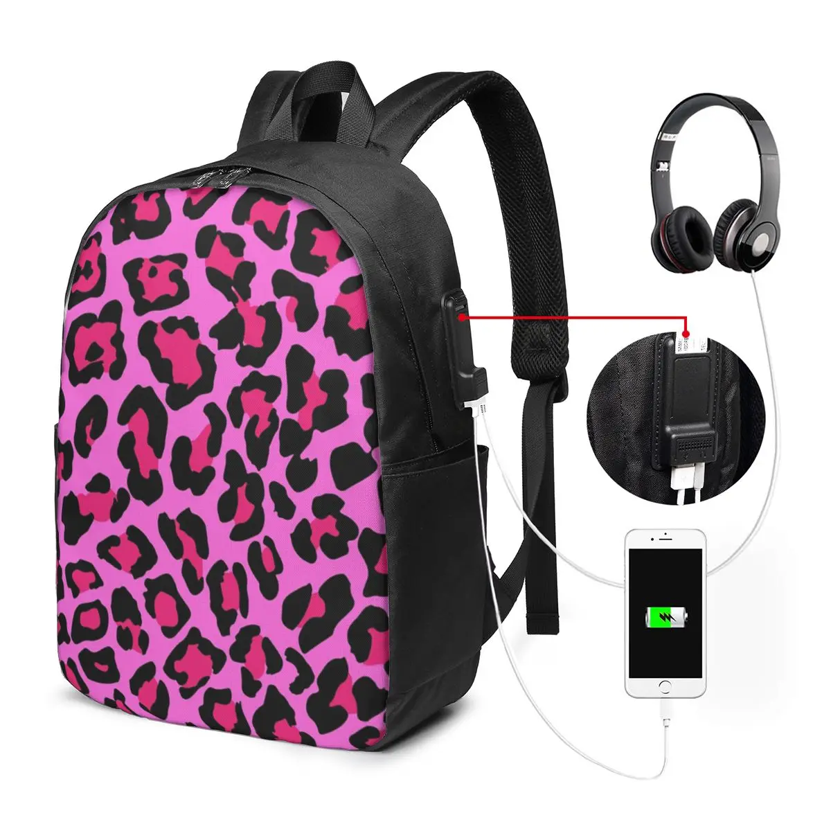 Hot Pink Leopard Print Backpack Travel Notebook Bag Computer College Student School Bag Laptop Shoulder Bags for Men Women