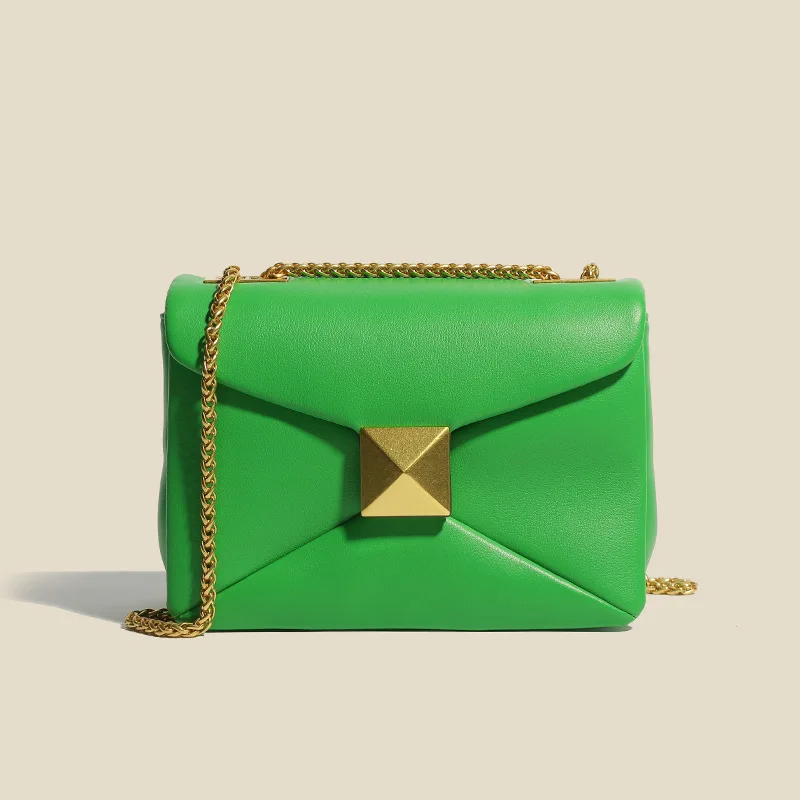 

Cowhide Luxury Designer Leather Handbag Golden Big Rivet Chain Shoulder Small Purse Fashion Green Tote Bag Crossbody Women