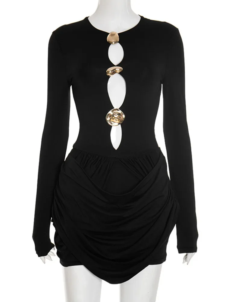 فستان قصير مثير بأكمام طويلة مفرغ من Chaxiaoa للنساء للخريف والشتاء بأزرار ورقبة دائرية وخصر عالٍ فساتين حفلات النادي أنيقة #6