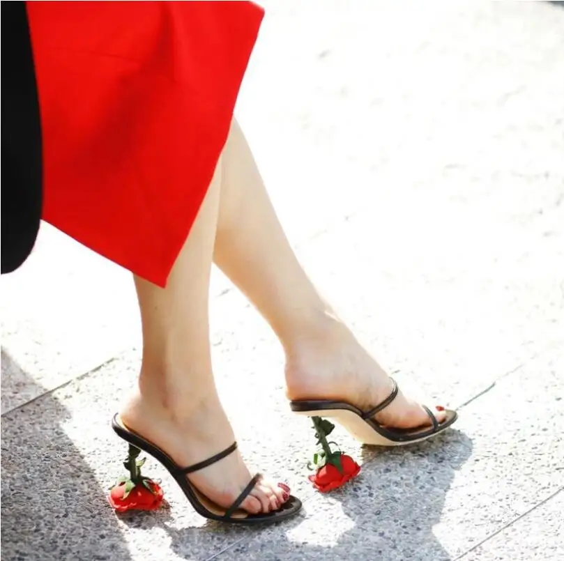 New Summer Dress Slippers Flowers Open Toe Women Slippers Rose High Heels Black Women Sandals sandalen damen luxury sapato