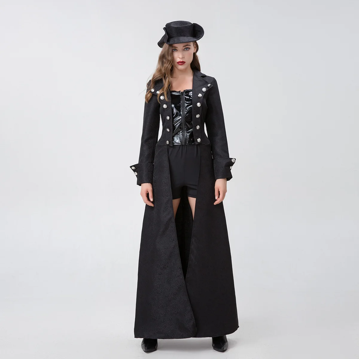 Steampunk Women Costume Set Black Double Breast Trench Coat Halloween Pirate Cosplay Medieval Ladies Swordsman Carnival Outfit