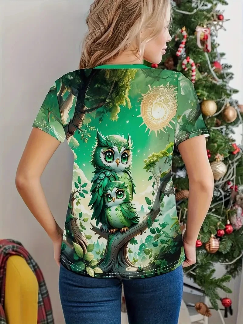 Damska koszulka PLUS z krótkim rękawem i okrągłym dekoltem z nadrukiem 3D sowy i liści, luźna i swobodna, wygodna i oddychająca do sportów na świeżym powietrzu