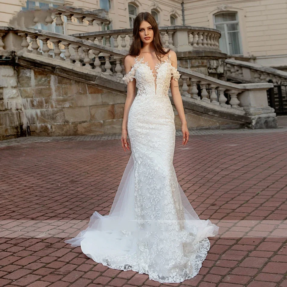

Flavinke Customzied Mermaid Wedding Dresses 2025 For Women Spaghetti Strap Sweetheart Embroidery Wedding Gown Vestidos De Novia