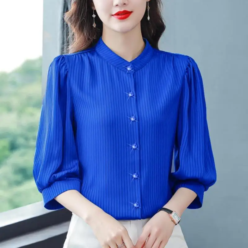 Temperament Solid Color Striped Shirt Summer Women\'s Fashion Versatile Bubble Sleeve Stand Up Collar Loose Single Breasted Shirt