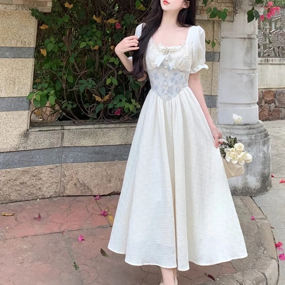 Verano Ele bordado floral ort Sve Long Dr Sweet Fairy Princ falda acampanada de cintura alta ort Sve Maxi Dr