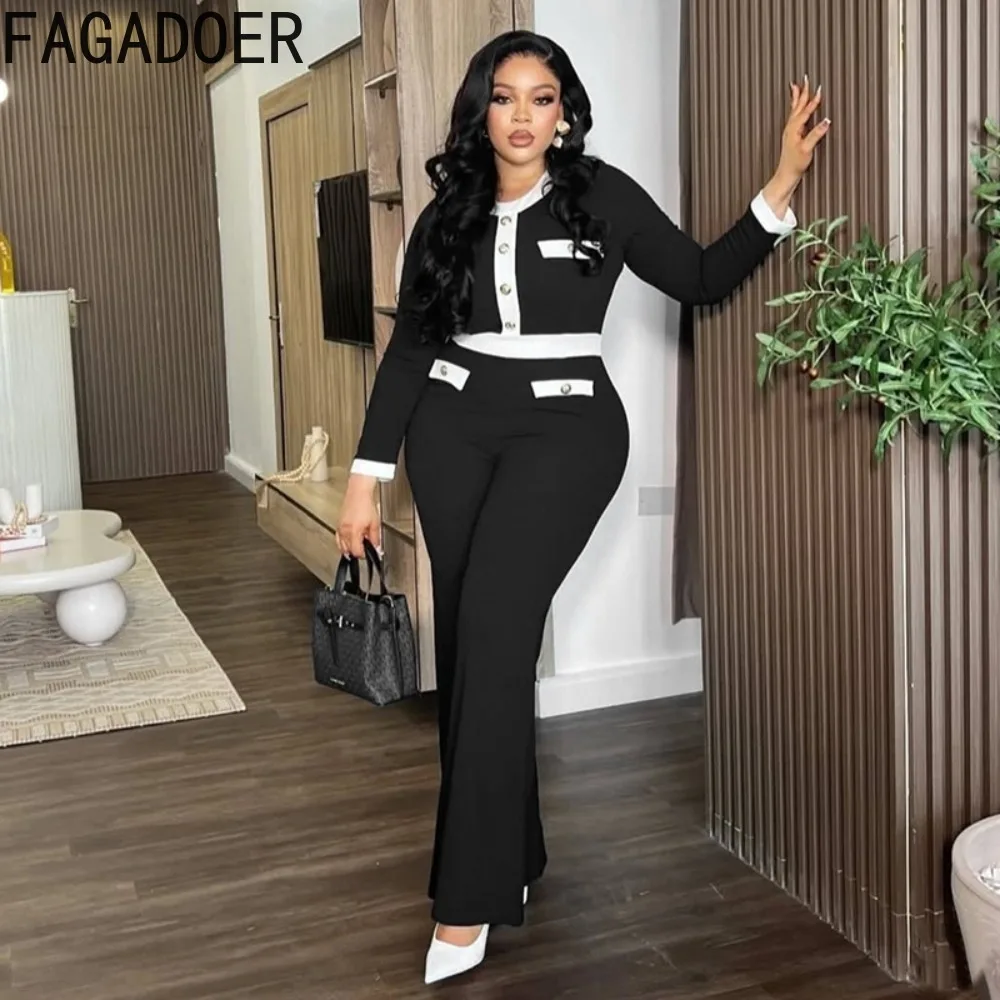 FAGADOER Set Pakaian Wanita Musim Gugur Model Terbaru 2 Potong, Atasan Crop Lengan Panjang Warna Kontras + Celana, Setelan Midnight, Streetwear Wanita