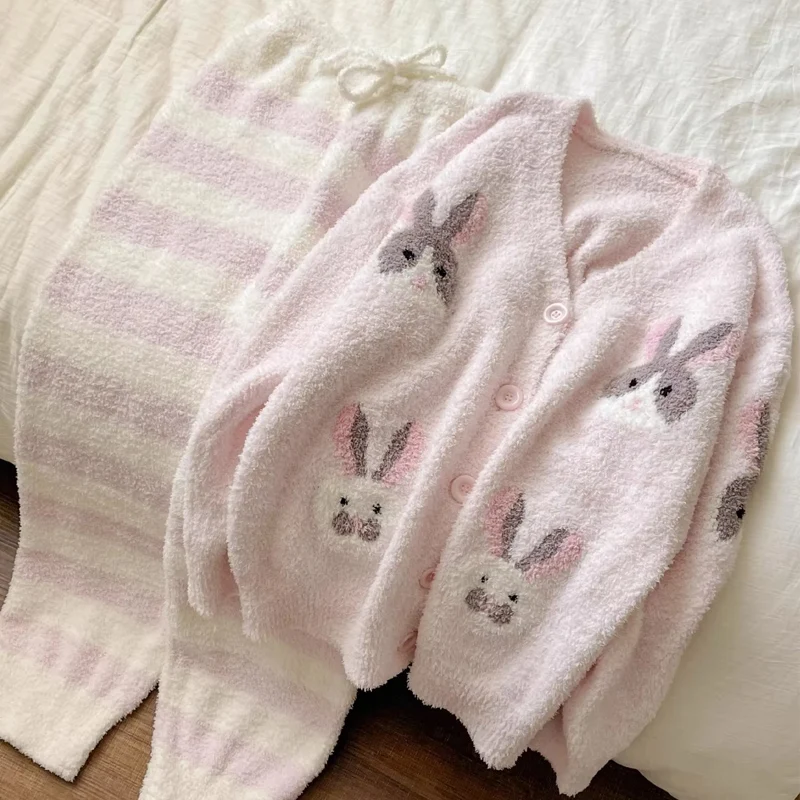 Plus Size Furry Cartoon Pyjama Thickened Half Flannel Sleepwear Pajamas Two Piece Set Autumn Winter Female Homewear Loungewear