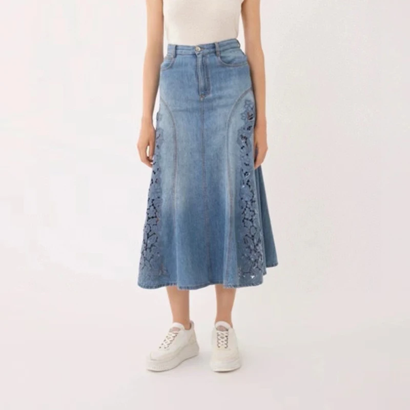 Women's Half-body Skirt, Hollow-out Embroidery Denim Skirt, Fashion Classic Hip Wrap Umbrella Hem, 2024, Summer, New Y2K,