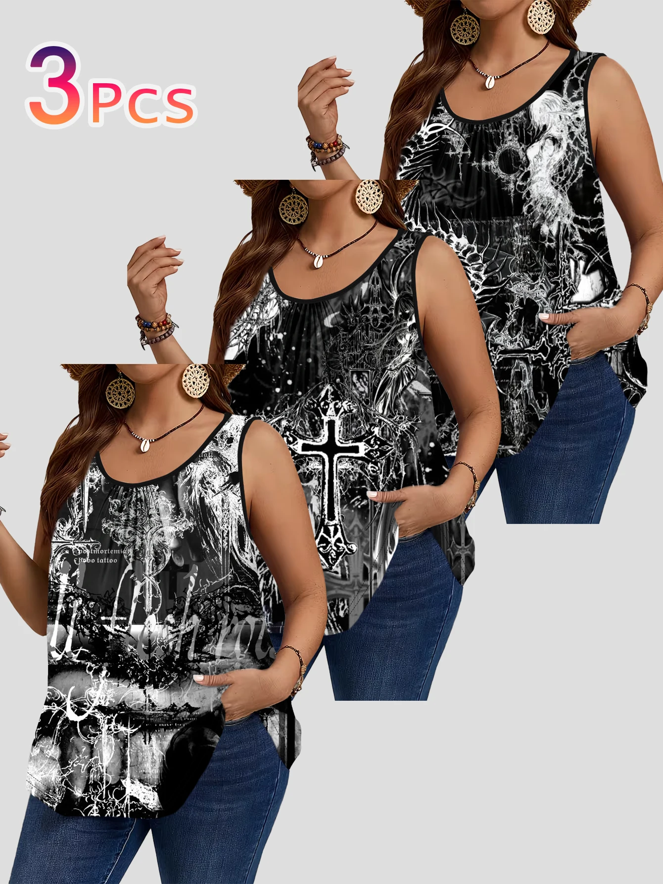 3-Piece Set of Plus-Size Women's Gothic Thorn Cross Portrait Art Print Tank Tops, Round Neck Loose Sleeveless Tops
