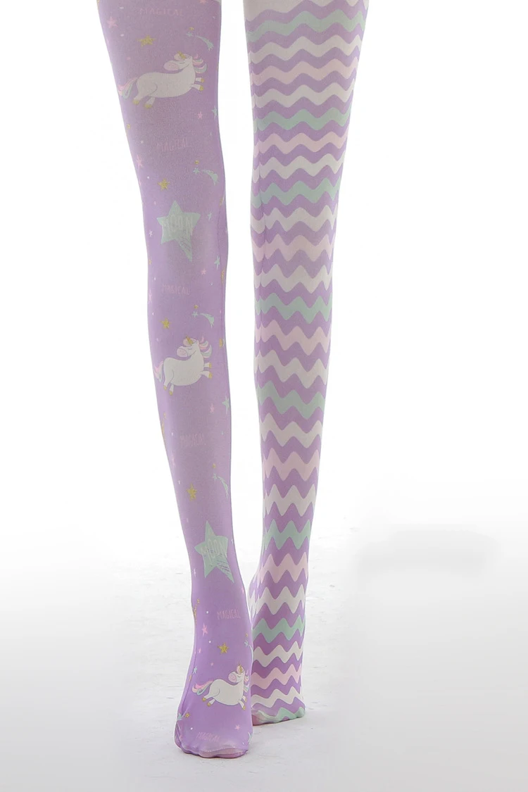 Cute Cartoon Printed Lady Tights Purple Velvet AB Style Kawaii Unicorn Pattern Lolita Personality Corrugated Asymmetrical Tights