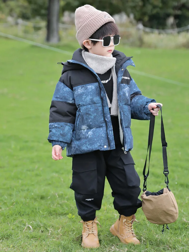 

Boys Winter Cotton Jaet Fce Lined Thi Warm Coat Youth Faionable Trendy Outerwear Stand Fit Hooded Zipper Closure