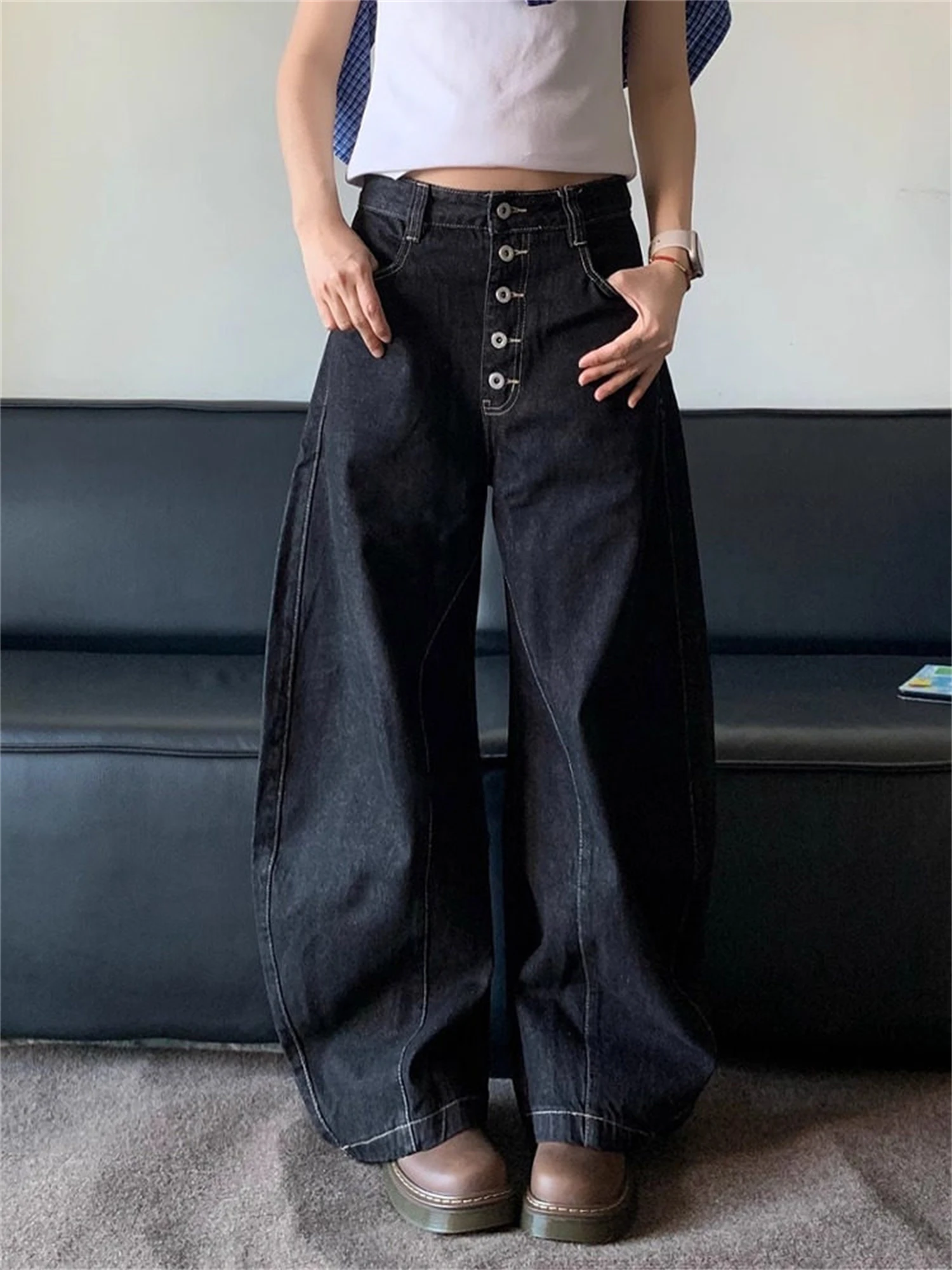

Women's High Waisted Baggy Wide Leg Jeans Dark Washed Contrast Stitching Multi Button Fly Vintage Casual Denim Pants