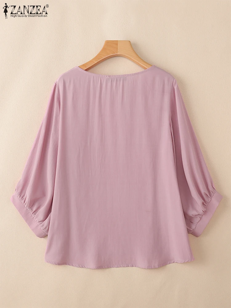 ZANZEA Elegante Camicia da Lavoro Manica 3/4 Camicetta da Donna Autunno 2025 Donna Magliette e camicette Casual Solido O Collo Allentato Blusas Femminile Mujer Oversize