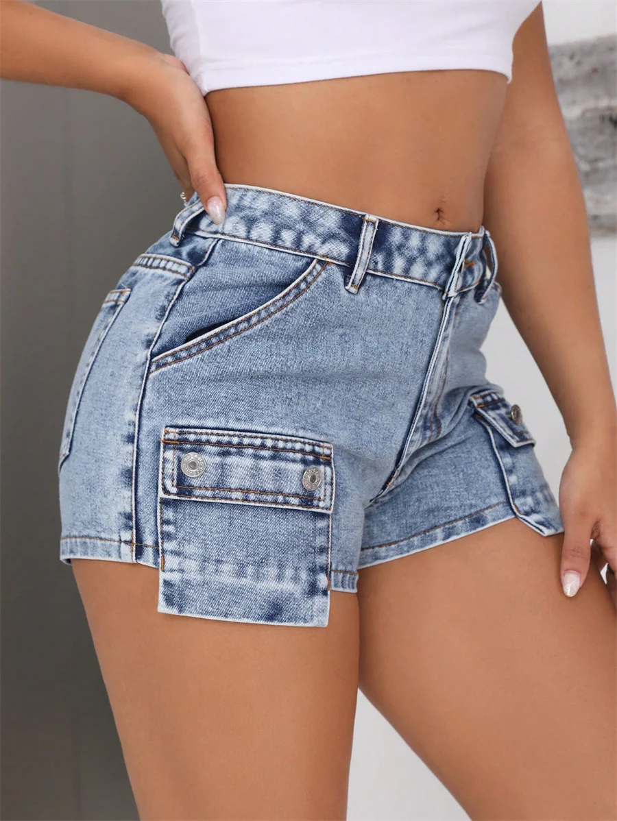 

Benuynffy American Streetwear Cargo Denim Shorts Women's Summer Retro Y2K Multi-pocket High Waist Casual Jean Shorts Female