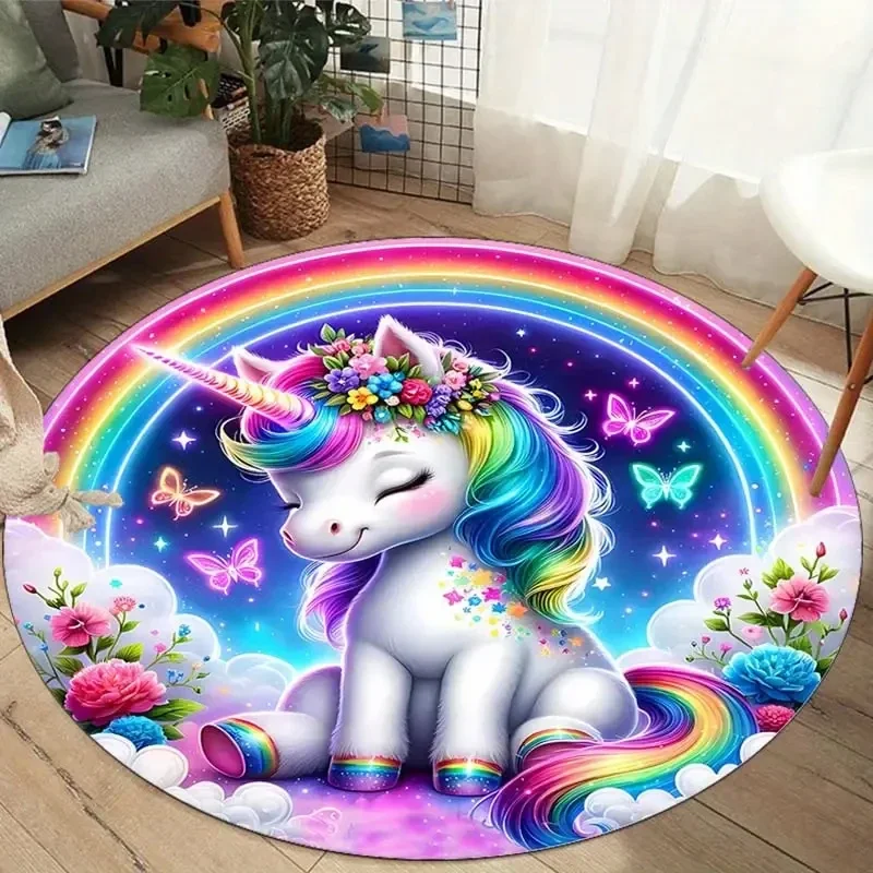 MINISO DISNEY Soft Washable Rainbow Round Rug - Anti-Slip for Living Room Bedroom Dining Area Home Decor Children's Room Carpet