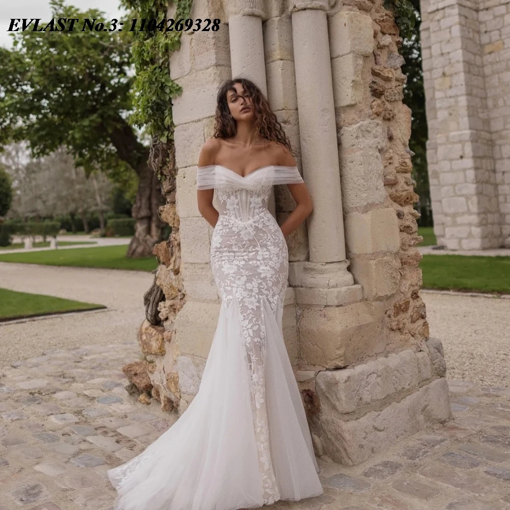 EVLAST مخصص خمر حورية البحر فستان الزفاف قبالة الكتف الدانتيل زين مطرز فستان زفاف رداء دي ماري Vestidos E3W59