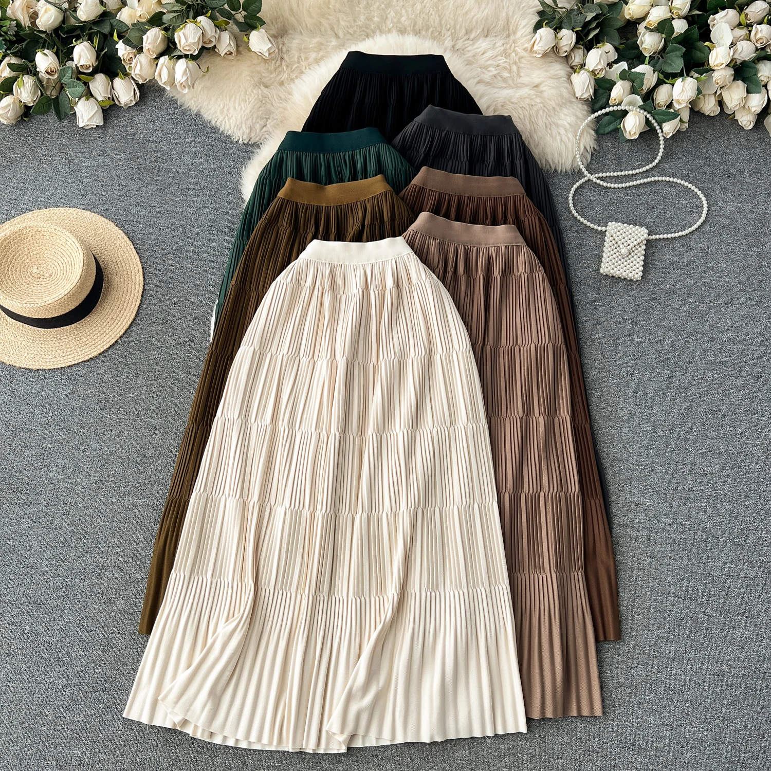 Pleated Knitted Half length Skirt Women's Autumn/Winter New Versatile Solid Color High Waist Slimming A-line Skirts