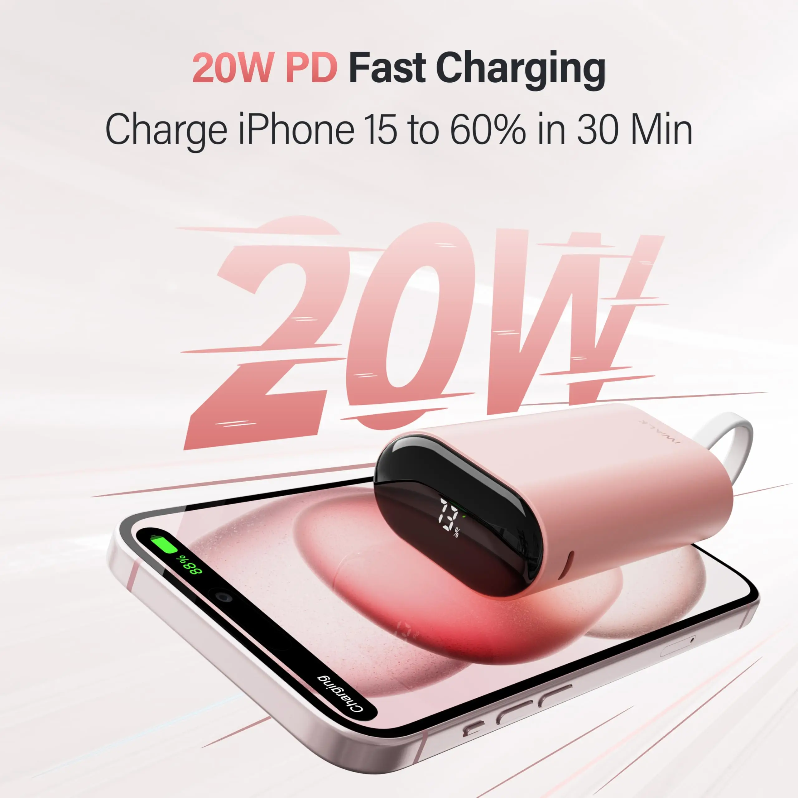 iWALK Portable Charger Fast Charging - 9600mAh 20W PD Power Banks with Built-in USB-C Cable External Battery Pack Powerbank