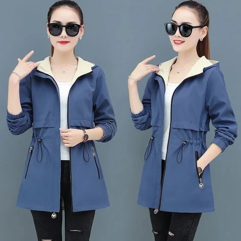 Double-Sided Trench Coat Women 2023 New Spring Autumn Clothes Hooded Mid Long Windbreaker Female Outerwear Gabardina Mujer 5XL