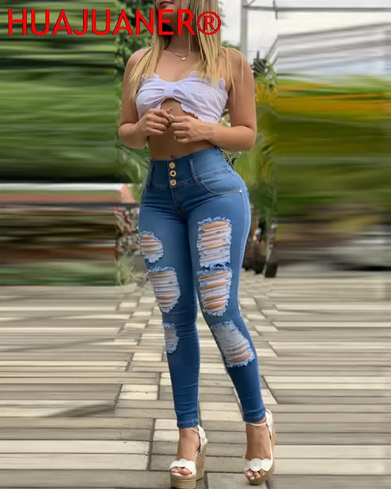 Imagem -03 - Calça Jeans de Cintura Alta Feminina Jeans Rasgado Abotoado Calça Sexy com Zíper Liso Recortada Traf Lady Outono 2023