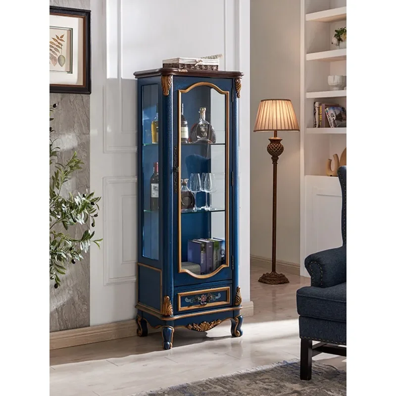 

American Solid Wood Single Door Wine Cabinet Cabinet with Glass Door European Retro Display Low Cabinet Wall Locker