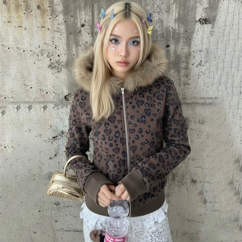 

American Hot Girl Winter New Y2K Leopard Print Fur Collar Hooded Cardigan Coat, Ins Style Fashionable Zipper Sweater for Women