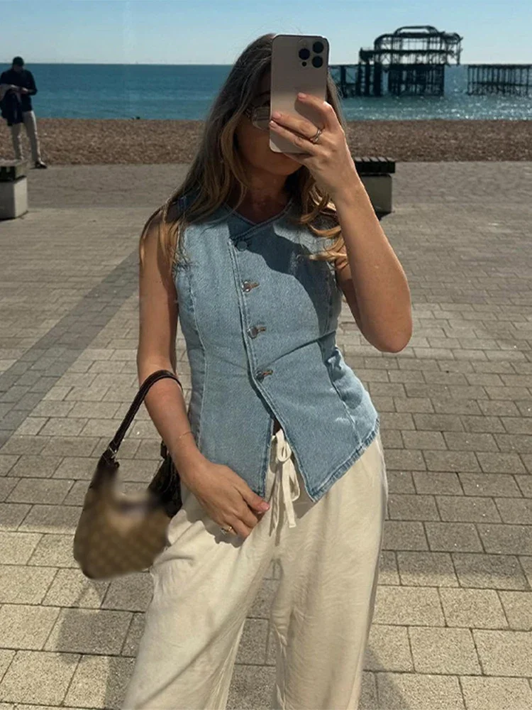 CPSYMYM Elegant Denim Vest Skirts Set Women Light Blue Single Breasted Vest Front Split Skirt Female Suit  Summer Slim Lady Sets