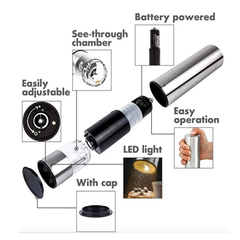 Electric Salt and Pepper Grinder - Single Battery Operated Stainless Steel Salt or Pepper Mill with Adjustable Ceramic Grinder