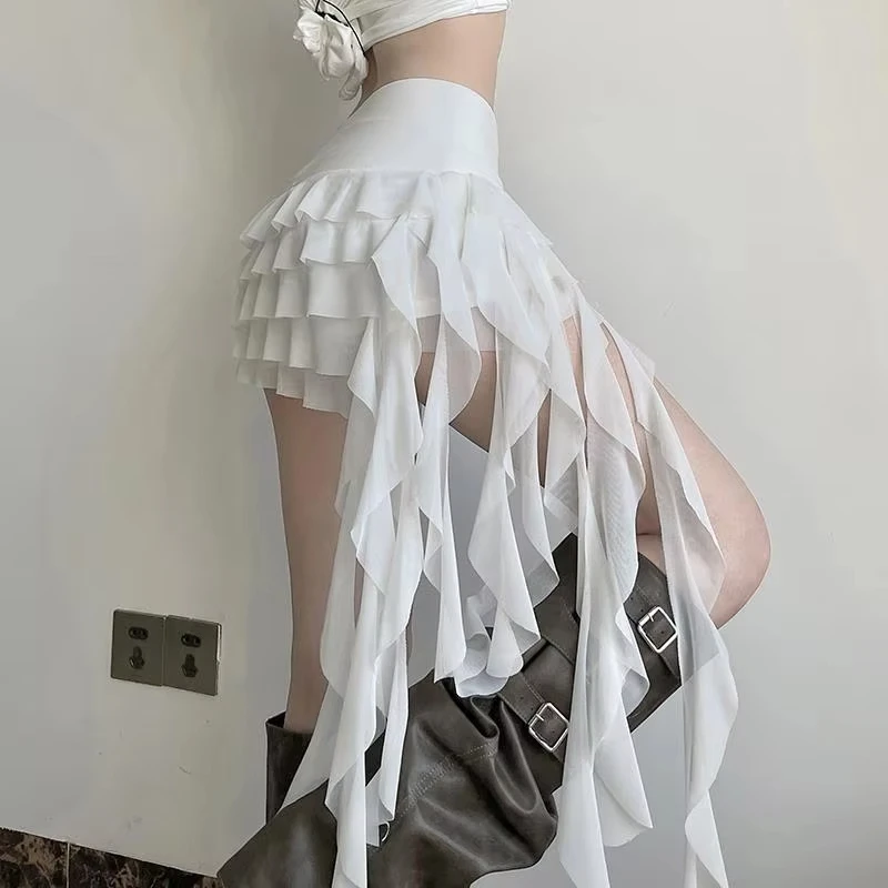 

Ruffle Elegant Low Waist Tiered Layer Ribbon Mini Skirt Ladies Summer Women's Irregular Ruffle Ribbon Mesh Short Skirt