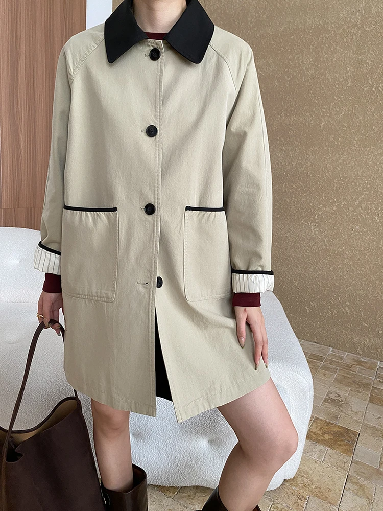 [EAM] Women Khaki Color-block Big Size Casual Trench New Lapel Long Sleeve Windbreaker Fashion Tide Spring Autumn 2024 1DH7514