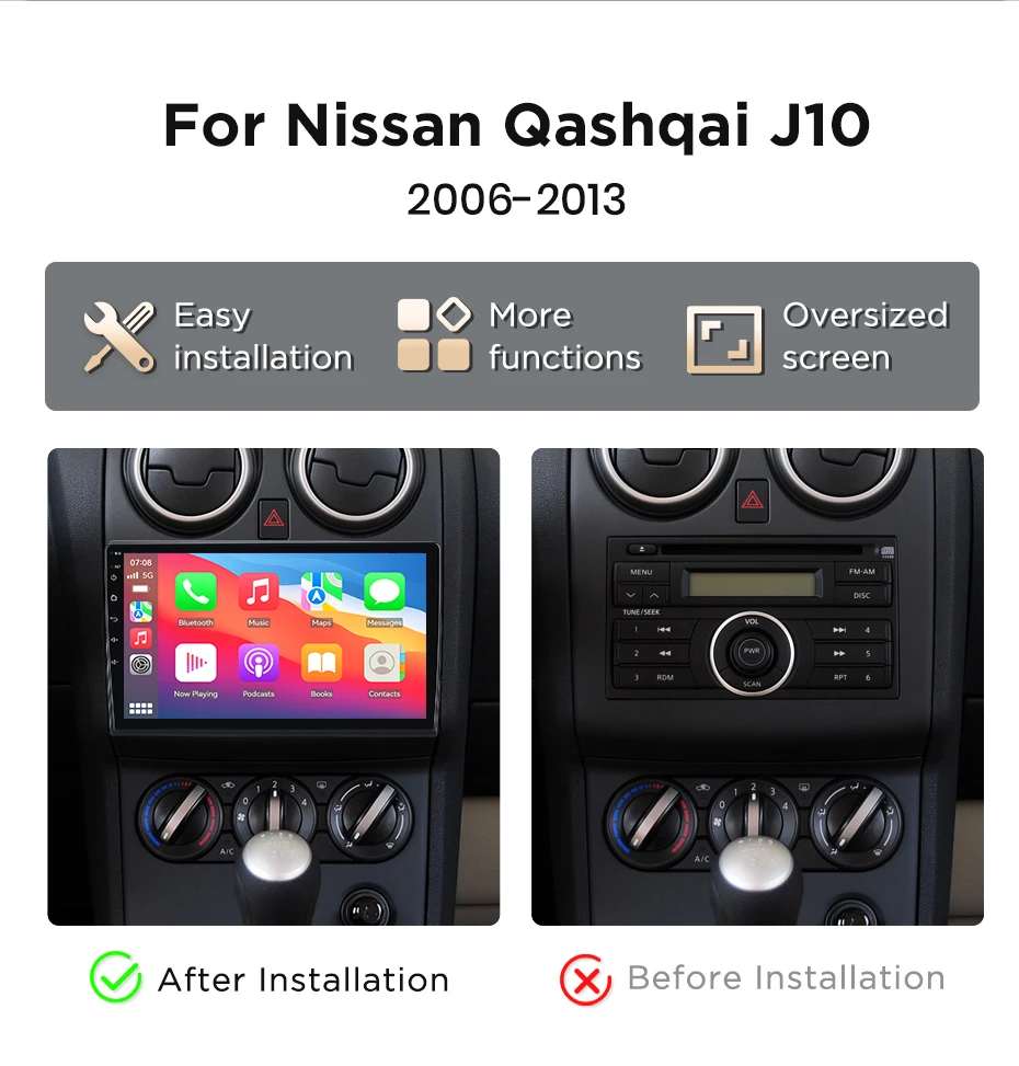 Autoradio für Nissan Qashqai J10 2006-2013, kabelloses CarPlay & Android Auto, Subwoofer-Verstärker, intelligente Systeme, IPS/QLED-Touchscreen, Kamera, DSP, GPS-Navigation, WiFi, DAB+, FM, DSP, BT, SWC, Plug & Play, 2 – Detail 6