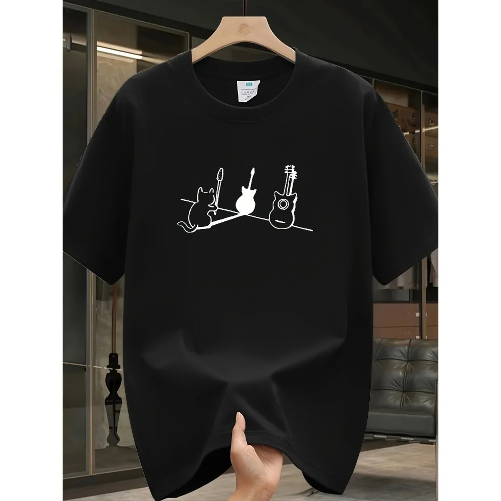 

Мужская футболка с тяжелым рисунком — свободная повседневная футболка с короткими рукавами с мультяшным кроликом и гитарным принтом, летняя с круглым вырезом