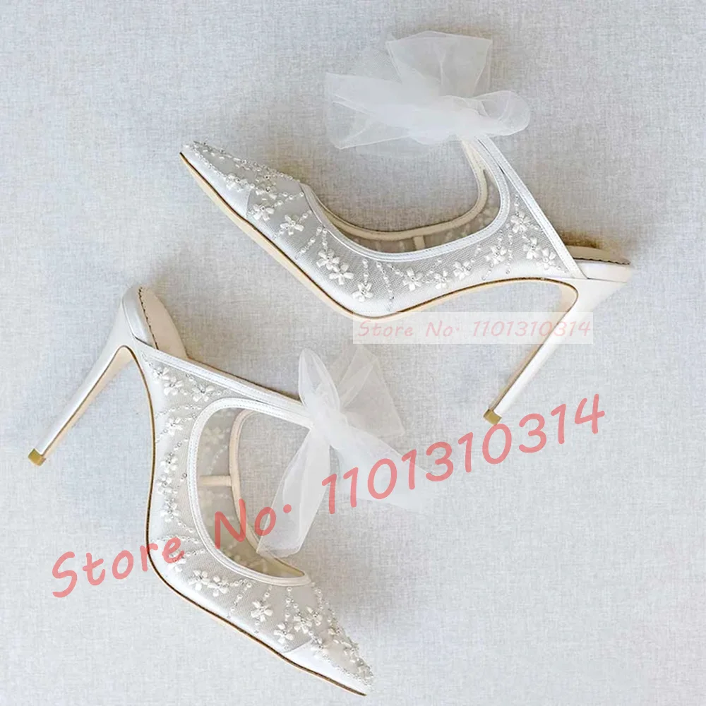 Tule Bow Malha Branca Mulas Mulheres Casamento Pointy Stiletto Saltos Sapatos Bordados 2023 Verão Feminino Elegante Luxo Sapatos De Seda