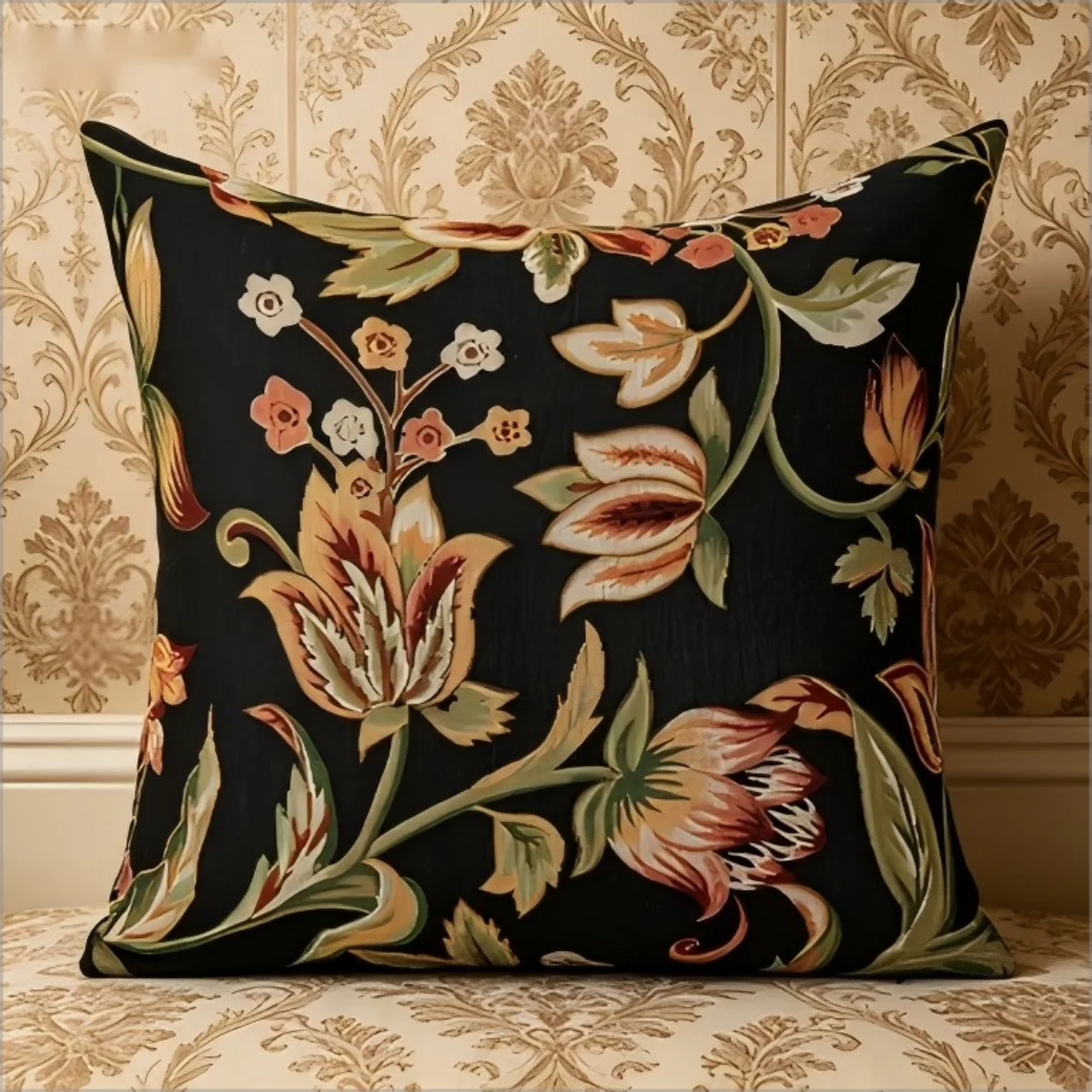 Vintage Schwarzer Blumen-Tapisserie-Druck Kissenbezug, Dark Academia Botanisches Dekoratives Kissen