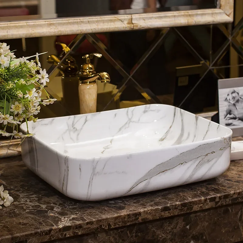 Nordic Minimalist Marble Ceramic Gold Pattern Art Above Counter Basin Household Bathroom Ceramic Square Washbasin
