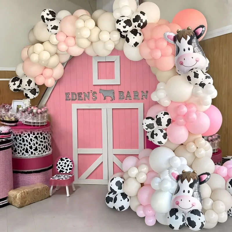 

136Pcs Animal Cow Farm Theme Party Pink White Balloon Garland for Kids Birthday Wedding Party Decorations Baby Shower