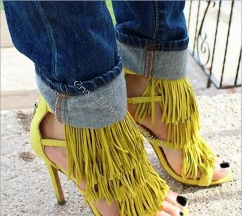 Yellow Fuchsia Real Suede Tassel Covered High Heels Sandals Pointed Open Toe Fringed Gladiator Cutout Banquet Woman Sandalias