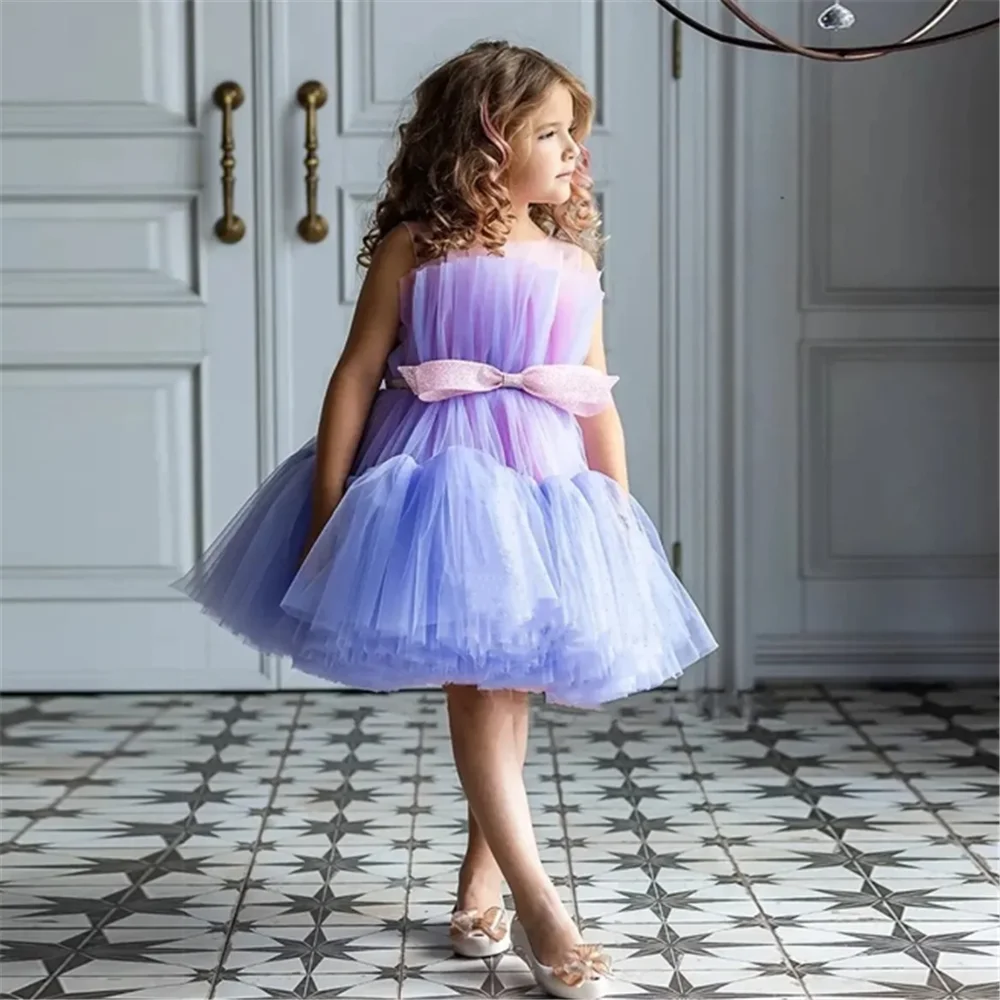 Splendido senza maniche soffice Tulle pizzo fiocco fiore ragazza vestito principessa palla prima comunione abiti bambini sorpresa regalo di compleanno